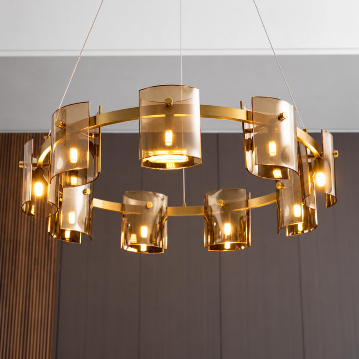 Modern Chandelier Ceiling Light Adjustable Height Metal and Glass LED Indoor Fixture