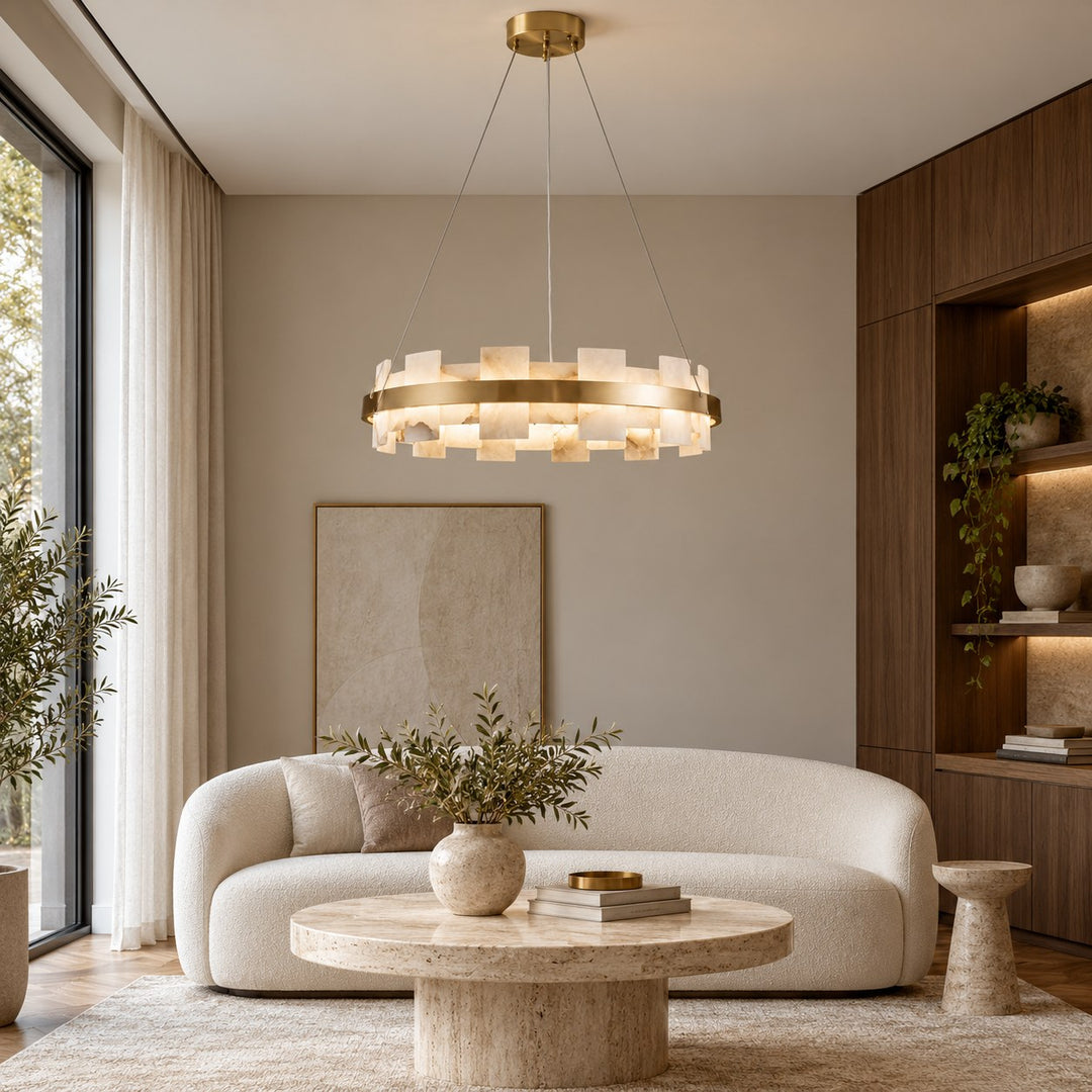 Modern Chandelier Hanging Light with Metal Frame and White Alabaster Panels Integrated LED