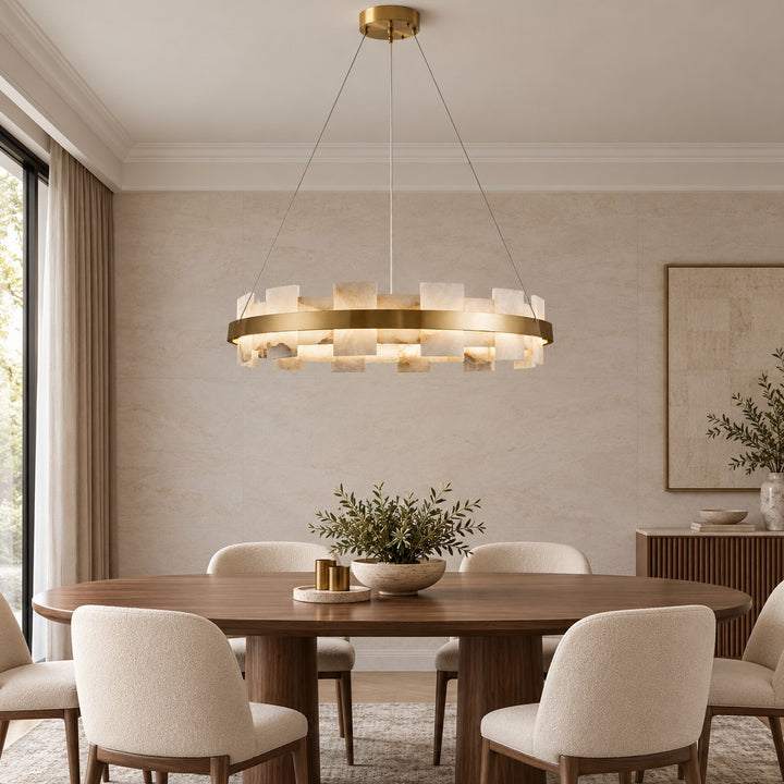 Modern Chandelier Hanging Light with Metal Frame and White Alabaster Panels Integrated LED