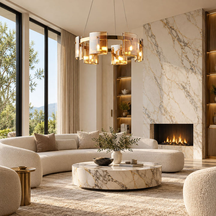 Modern Chandelier Ceiling Light Adjustable Height Metal and Glass LED Indoor Fixture
