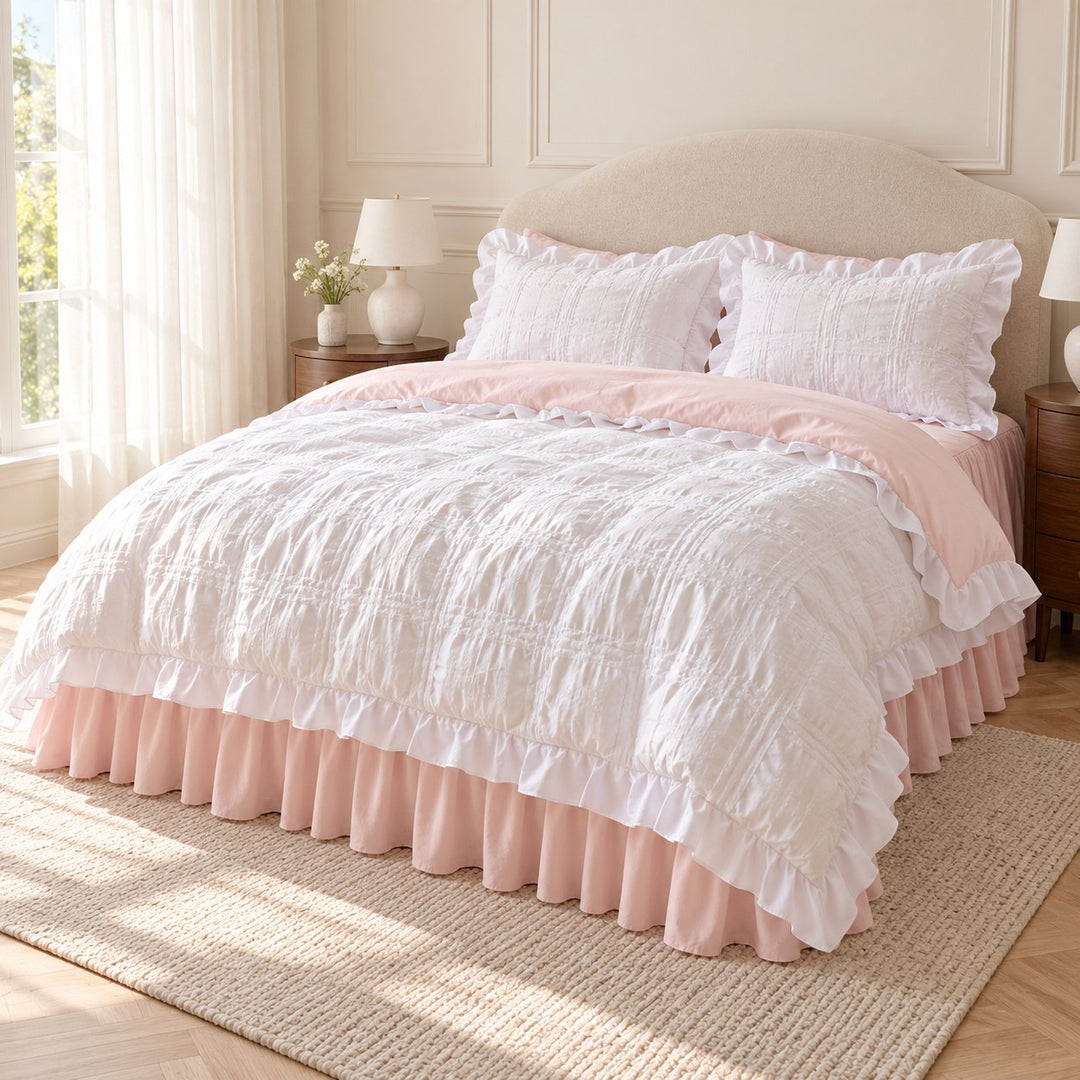 Kawaii Ruffle Bedding Set Soft Polyester Duvet Cover with Bed Skirt and Pillow Cases