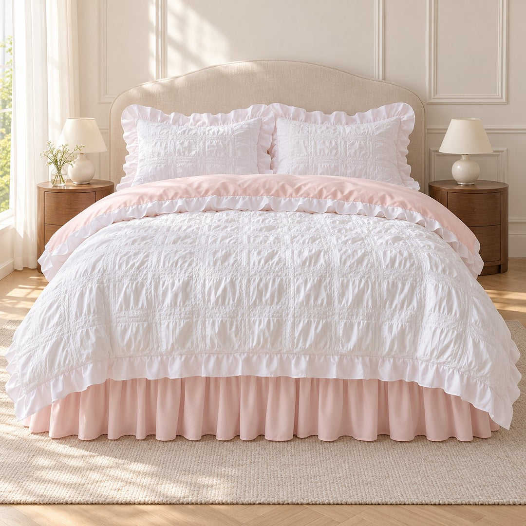 Kawaii Ruffle Bedding Set Soft Polyester Duvet Cover with Bed Skirt and Pillow Cases