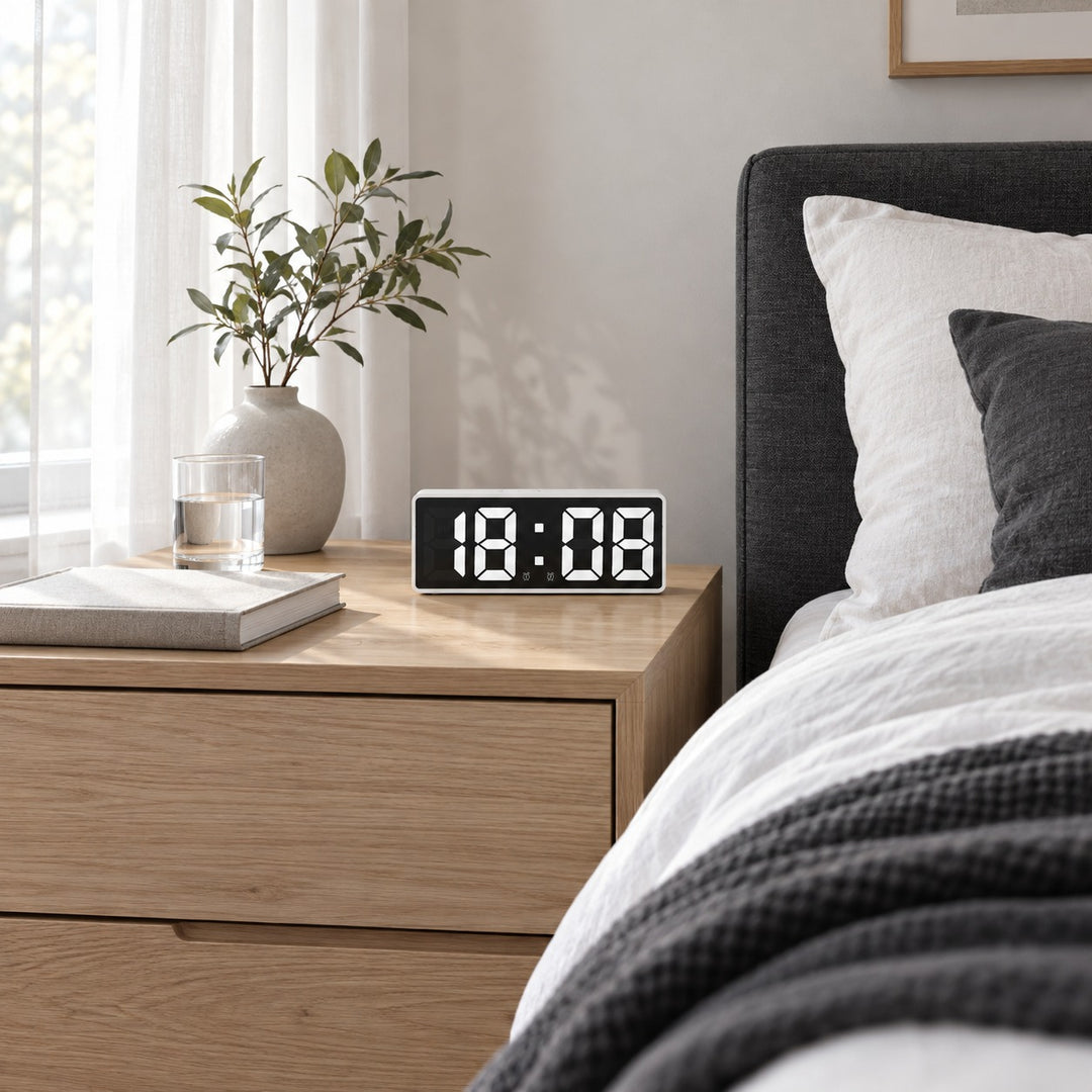 Modern Digital Alarm Clock with Curved Mirror Screen Adjustable LED Display and Temperature Feature