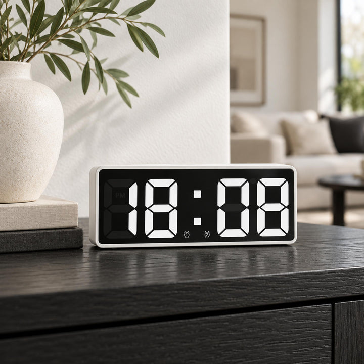 Modern Digital Alarm Clock with Curved Mirror Screen Adjustable LED Display and Temperature Feature