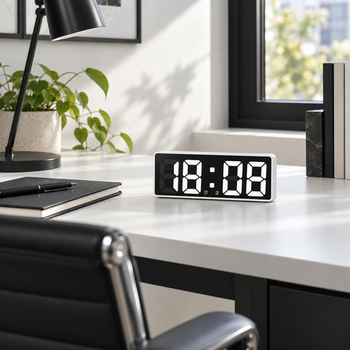 Modern Digital Alarm Clock with Curved Mirror Screen Adjustable LED Display and Temperature Feature