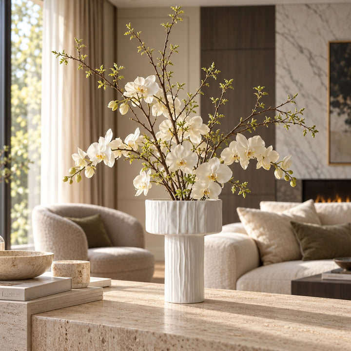 Modern Ceramic Vase Medium Pedestal Design Matte White Decorative for Dried Arrangements