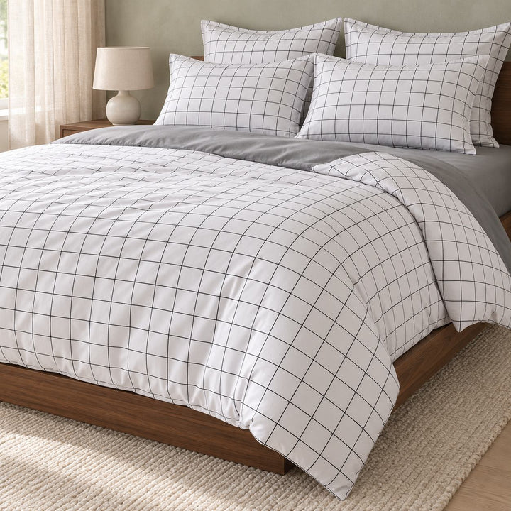 Modern Plain Grid Bedding Set Duvet Cover Flat Sheet Pillow Cases Polyester Fabric