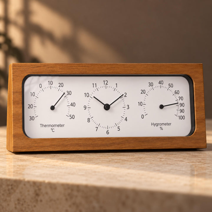 Minimalist Wooden Desk Clock with Temperature and Humidity Meter Battery Operated Bamboo