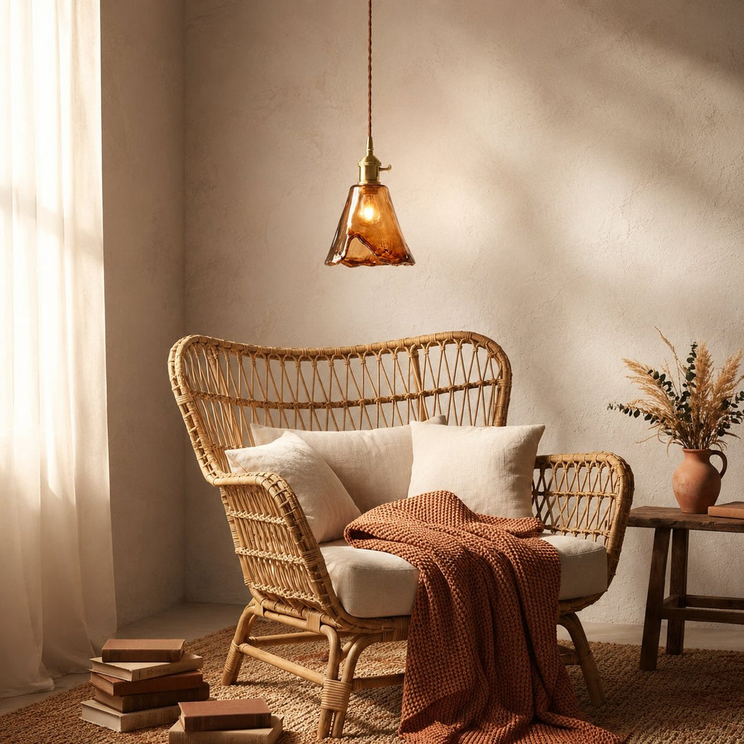Vintage Brass Pendant Light with Adjustable Hanging Amber Glass Shade for Indoor Lighting