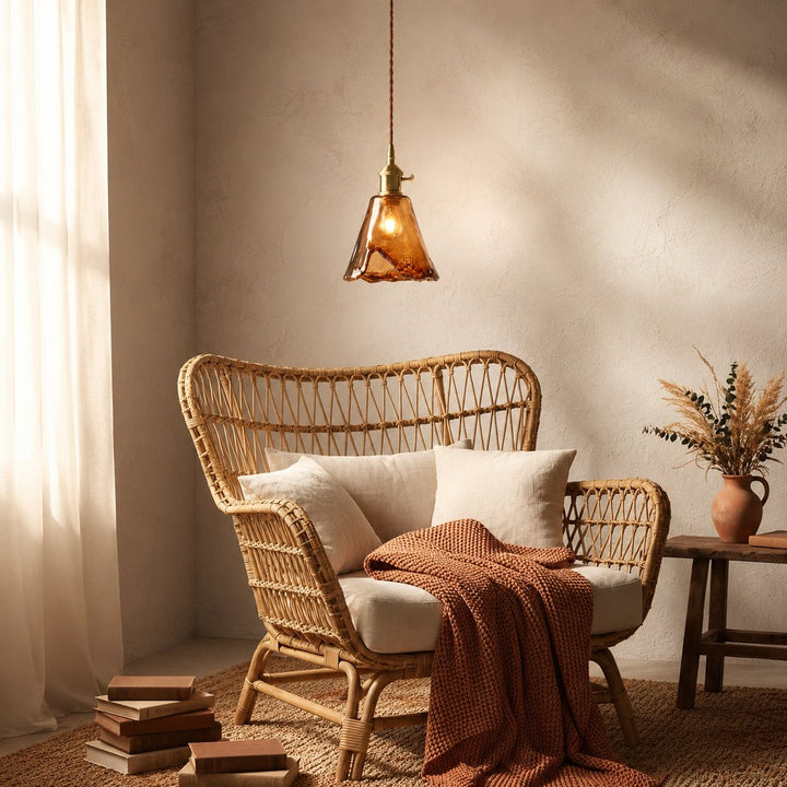 Vintage Brass Pendant Light with Adjustable Hanging Amber Glass Shade for Indoor Lighting