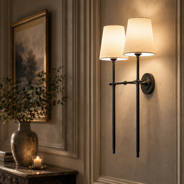 Modern Brass Wall Sconce Wall Mounted Tapered Fabric Shade LED Compatible Indoor Light