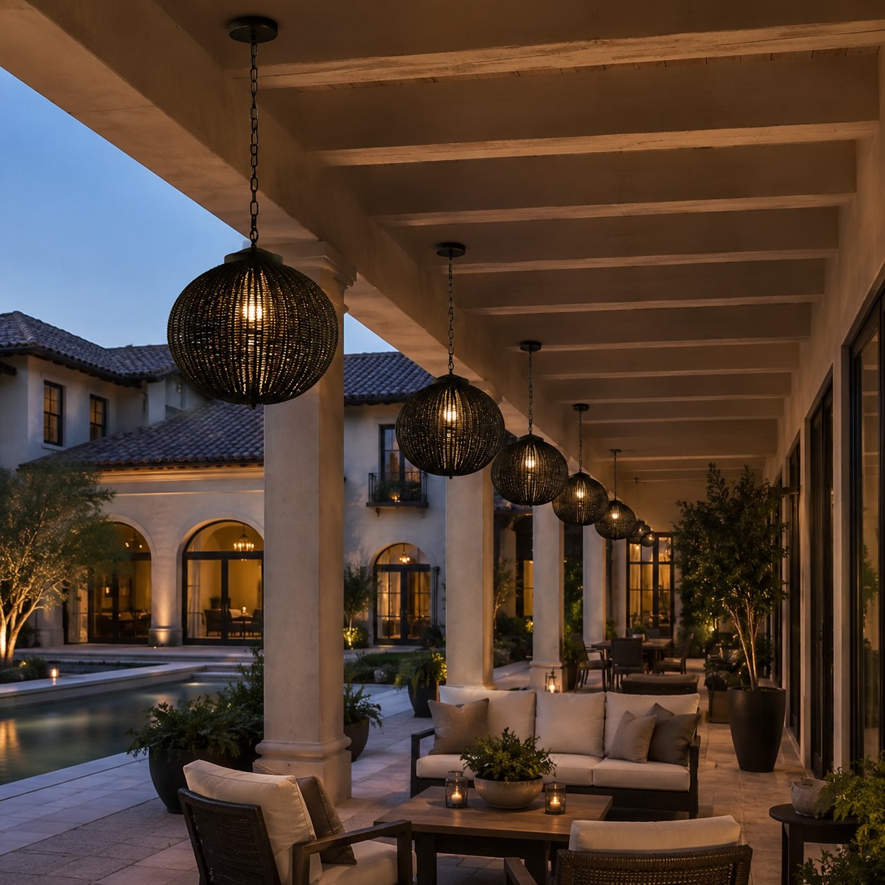 Rattan style outdoor pendant light hanging beneath a covered patio