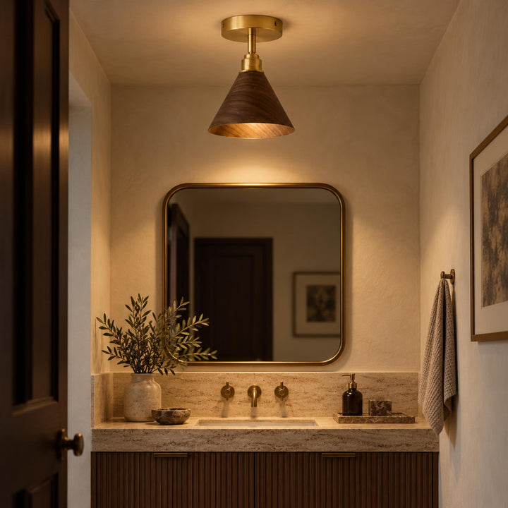 Modern Semi-Flush Ceiling Light Walnut Wood Brushed Brass LED Compatible Indoor Fixture