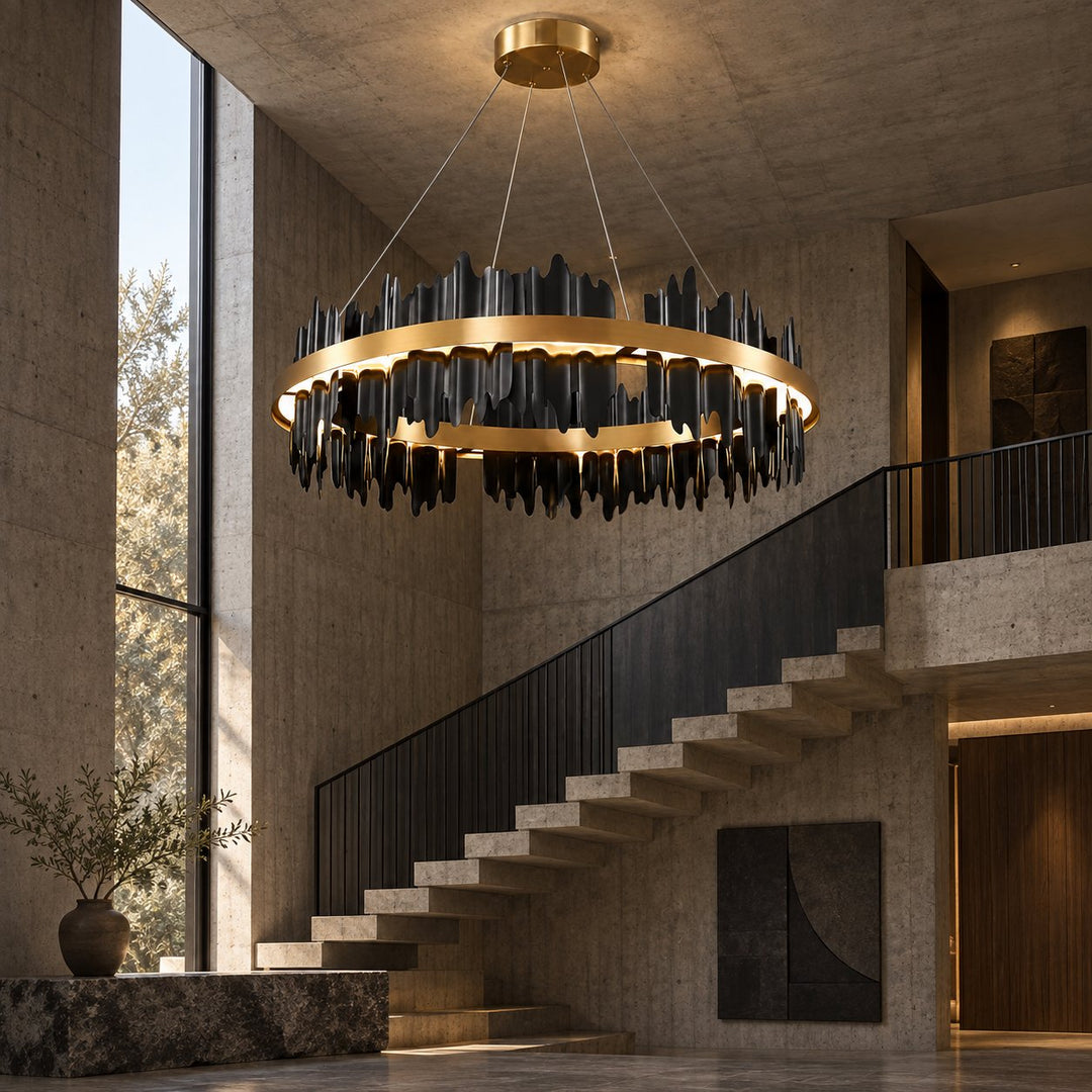Modern Chandelier Adjustable Height Metal LED Dimmable Black Gold Finish Hanging Light Fixture