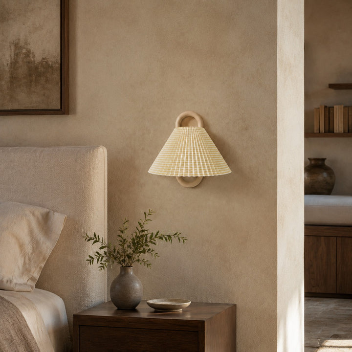 Minimalist Wall Light Wall Mounted Beech Wood Base Fabric Shade LED Soft Ambient Lighting