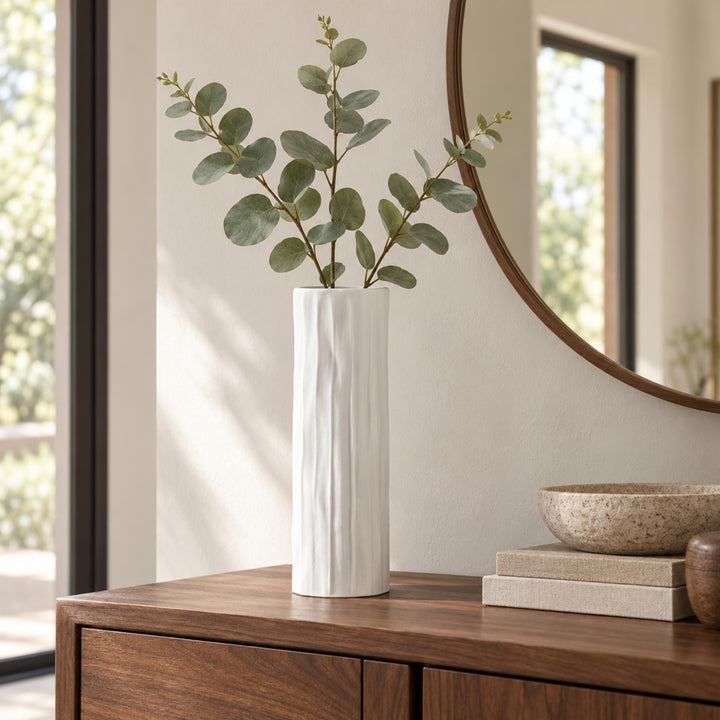 Modern Tall Ceramic Vase Cylinder White Textured Bark-Effect 40 cm for Dried Arrangements