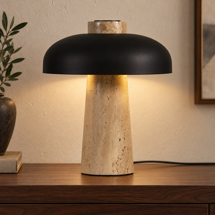 Contemporary Table Lamp Adjustable Height Natural Travertine Base Aluminum Shade Dimmable Design