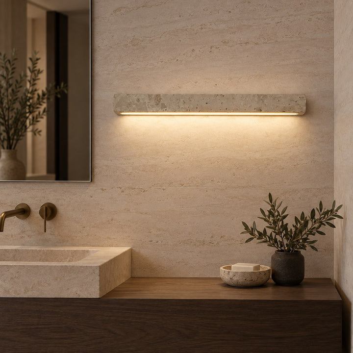 Minimalist Wall Light with Elongated Rectangular Design in Yellow Travertine and Integrated LED