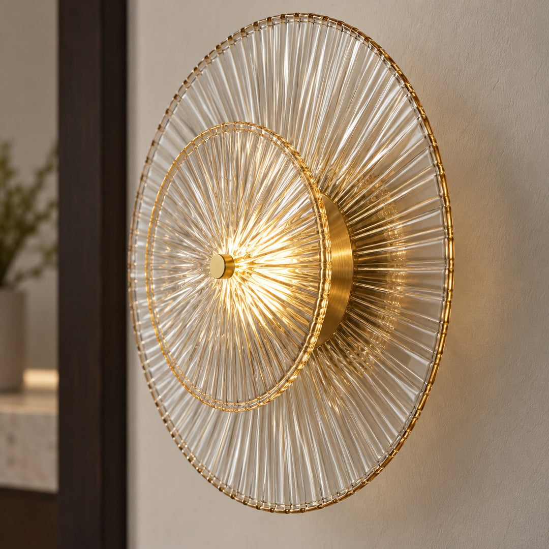 Layered Fluted Glass LED Wall Sconce – Brass Interior Wall Light