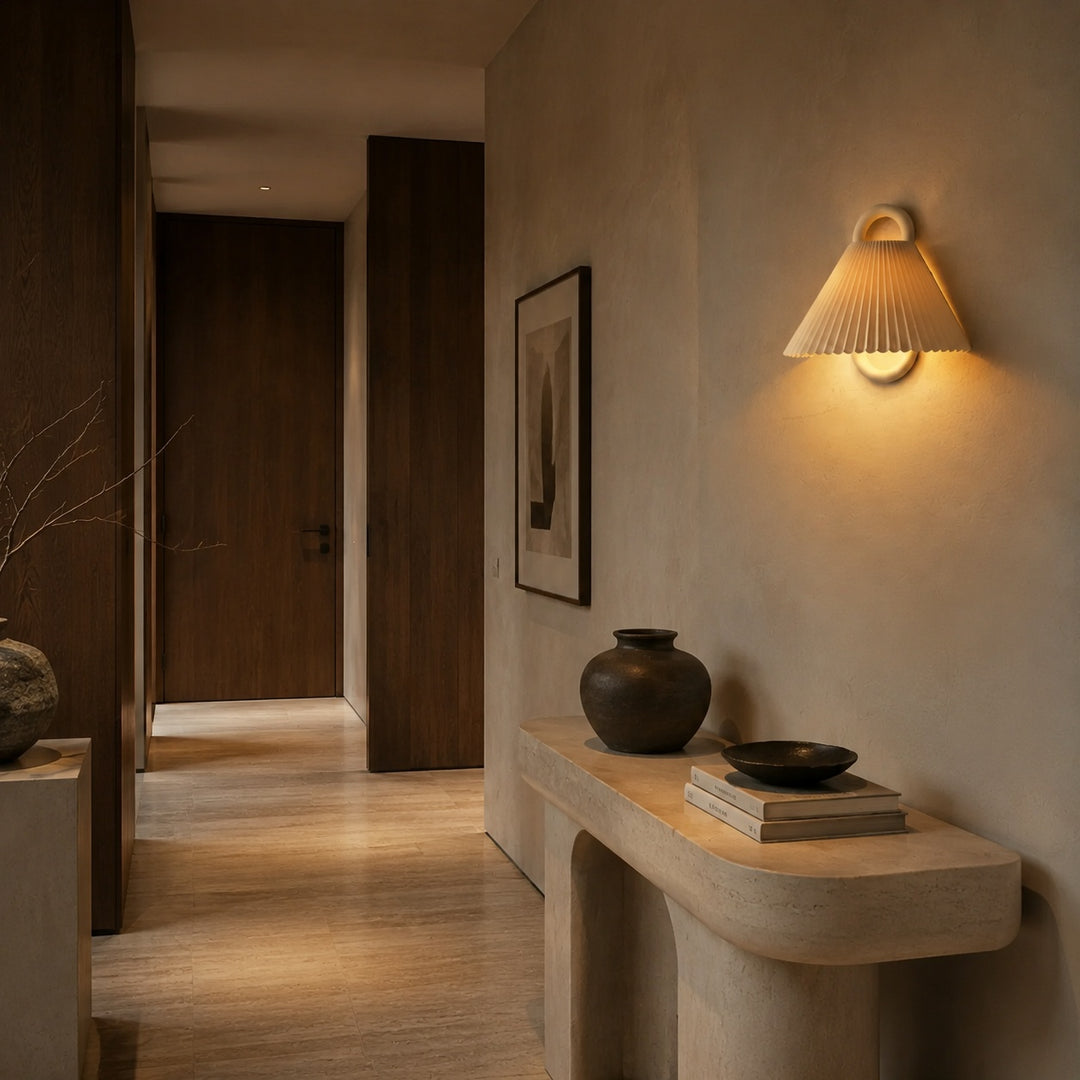 Minimalist Wall Light Wall Mounted Beech Wood Base Fabric Shade LED Soft Ambient Lighting