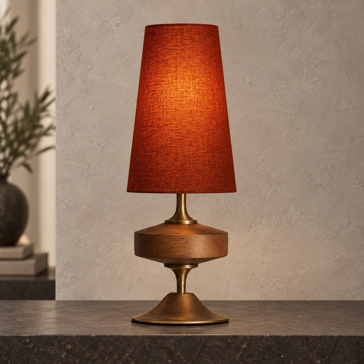 Modern Table Lamp with Tapered Fabric Shade and Walnut Wood Base Dimmable Plug-in Design