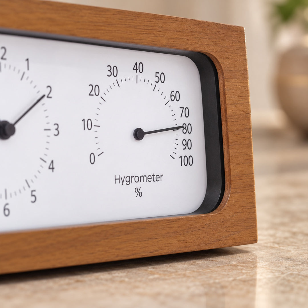 Minimalist Wooden Desk Clock with Temperature and Humidity Meter Battery Operated Bamboo