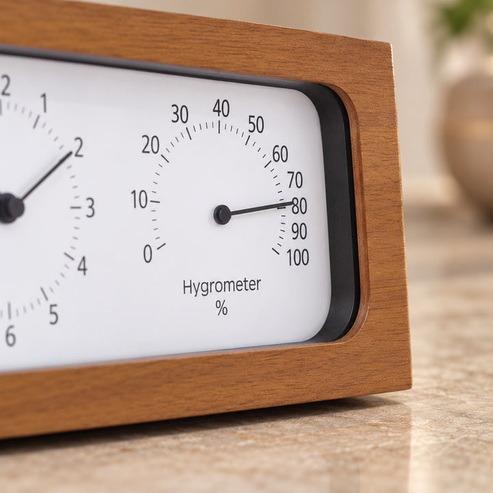 Minimalist Wooden Desk Clock with Temperature and Humidity Meter Battery Operated Bamboo