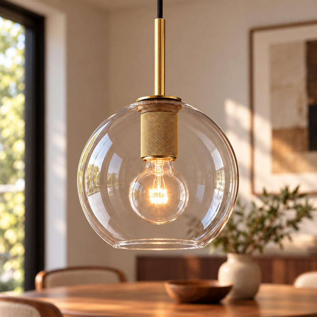 Modern Clear Glass Globe Pendant Light with Brass Finish – E27 Ceiling Light