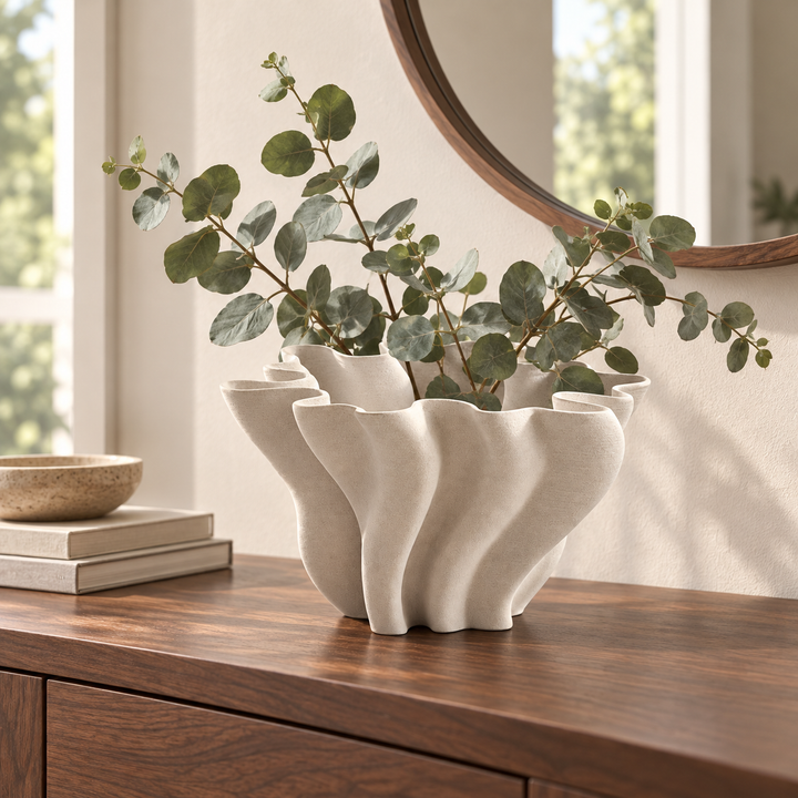 Modern Sculptural Vase 3D Printed Fluted Design White Decorative Bowl 24 cm