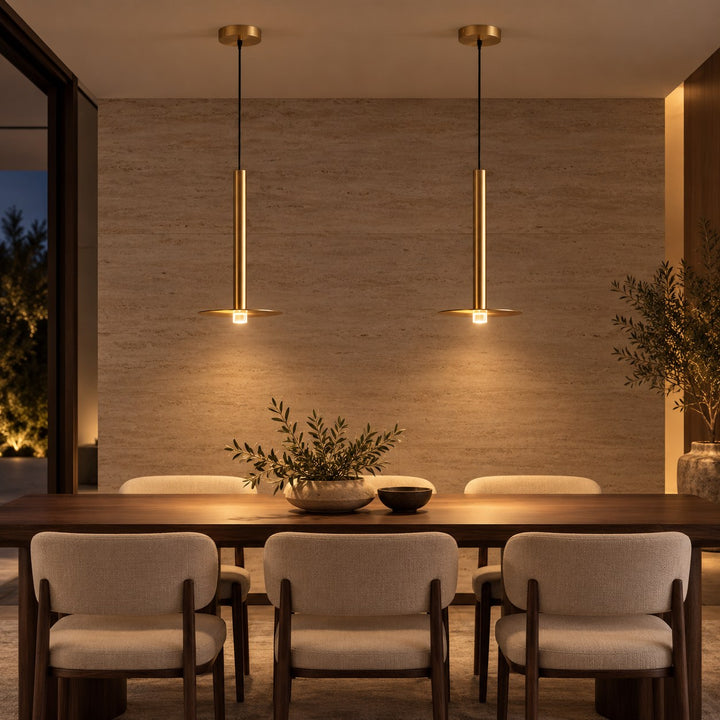 Modern Brass Disc LED Pendant Light with Slim Architectural Stem