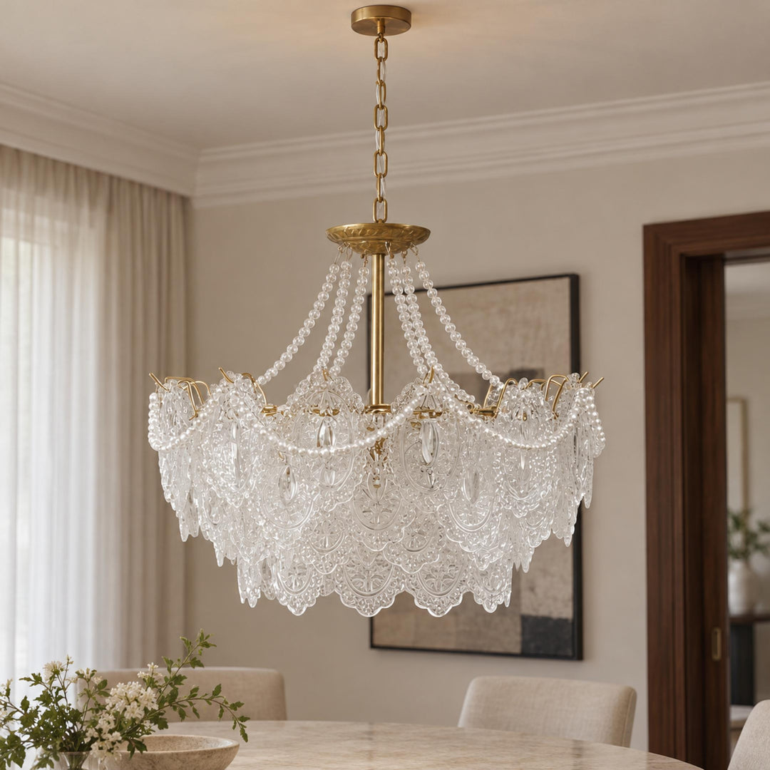 Modern Glass Chandelier Light Pendant Fixture Ceiling Mounted with Pearl Accents for Ambient Illumination