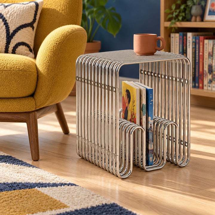 Modern Stainless Steel Side Table with Magazine Holder Space-Saving Design for Living Room and Bedroom