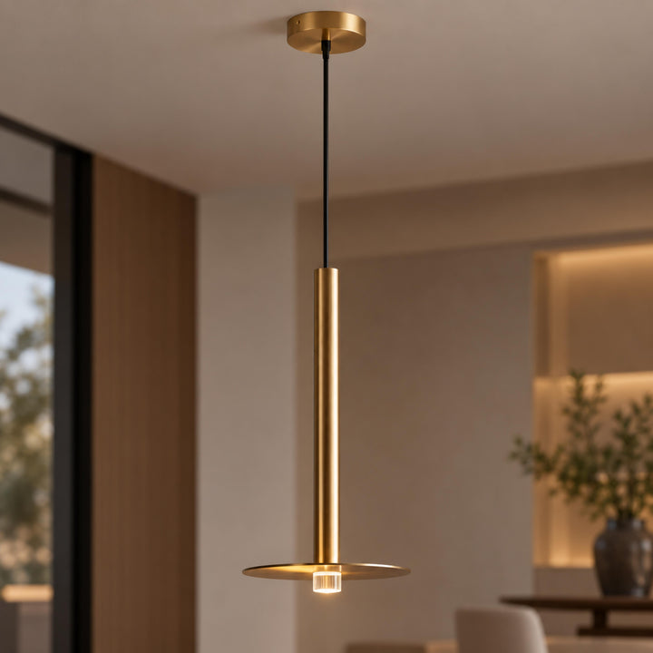 Modern Brass Disc LED Pendant Light with Slim Architectural Stem