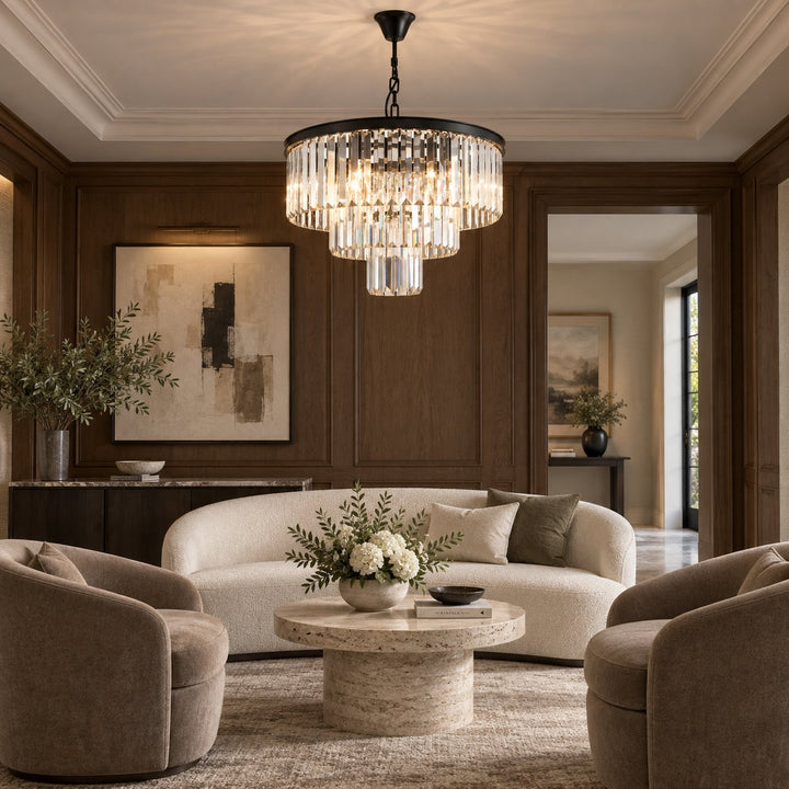 Modern Crystal Chandelier 3-Tier Hanging Light Fixture Black Metal Frame E12 LED Compatible