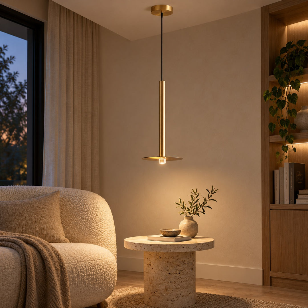 Modern Brass Disc LED Pendant Light with Slim Architectural Stem