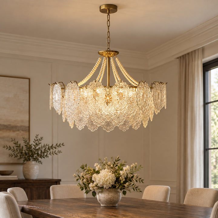 Modern Glass Chandelier Light Pendant Fixture Ceiling Mounted with Pearl Accents for Ambient Illumination