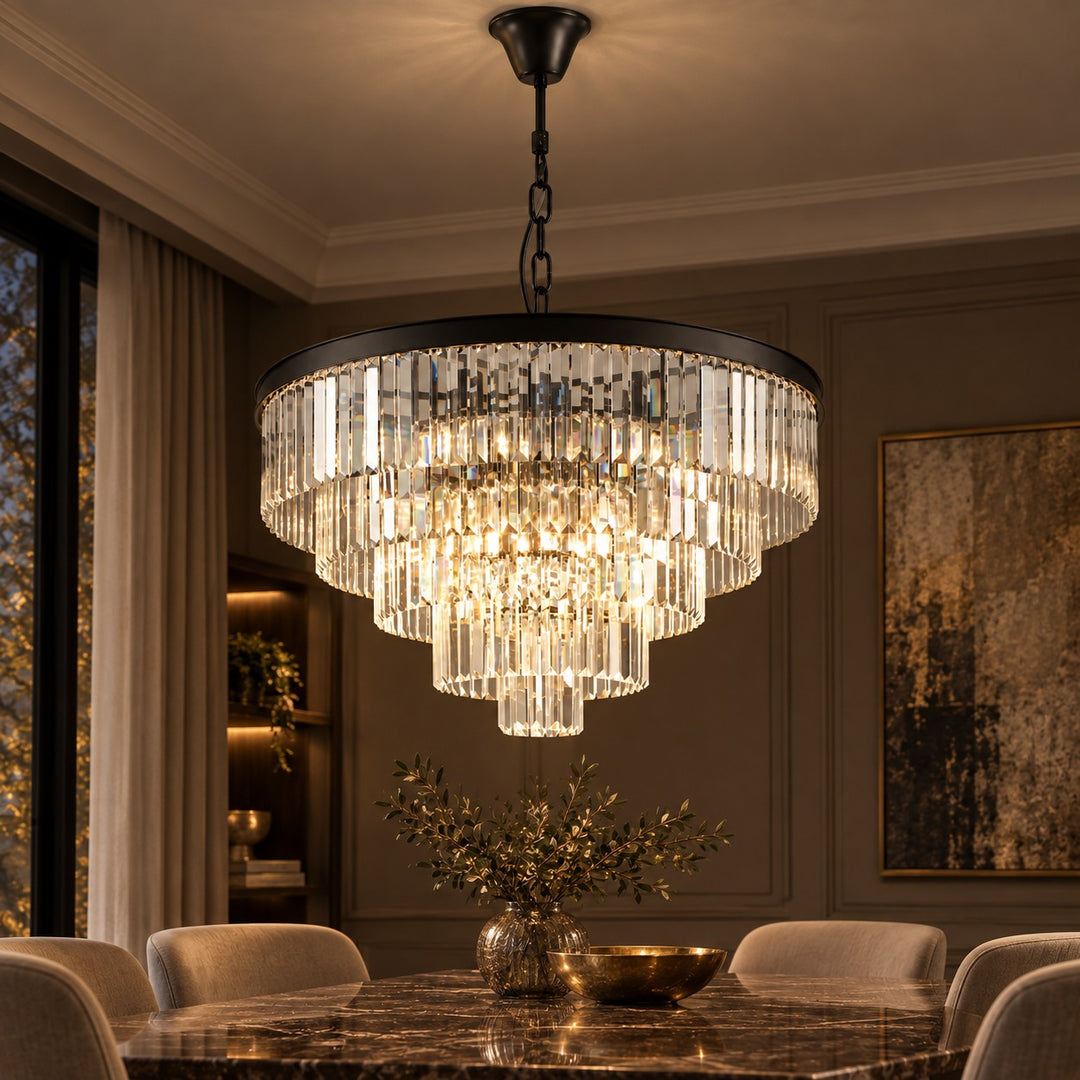 Modern Crystal Chandelier Hanging Light Fixture Metal Frame E12 Bulb Compatible Five or Seven Tiers