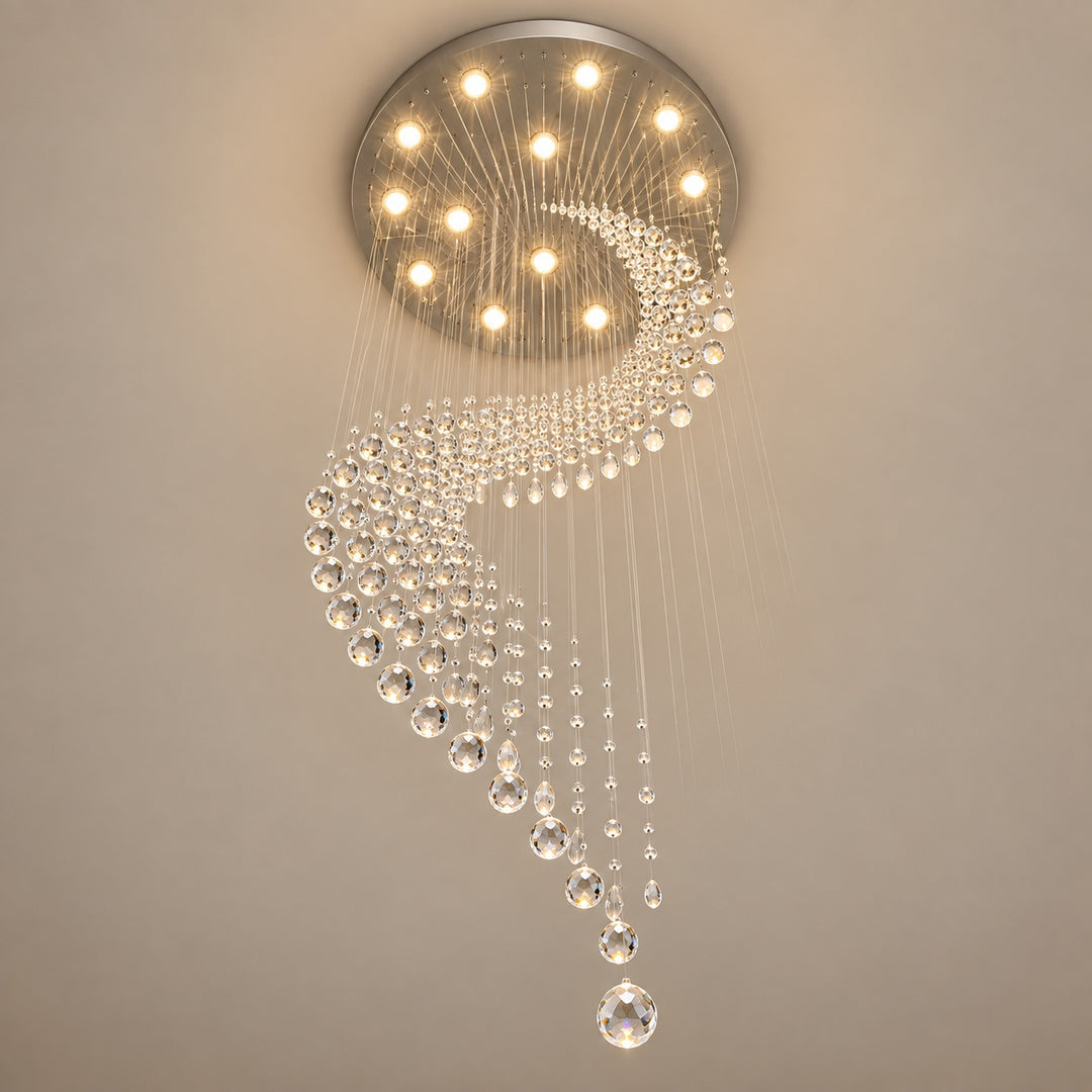 Modern Spiral Crystal Chandelier Adjustable Height Metal Frame 6 to 15 Bulbs for Foyer