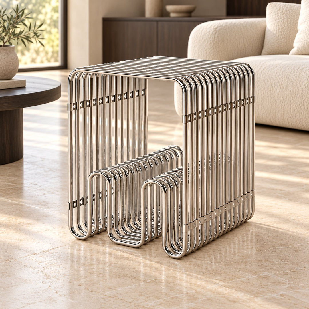 Modern Stainless Steel Side Table with Magazine Holder Space-Saving Design for Living Room and Bedroom