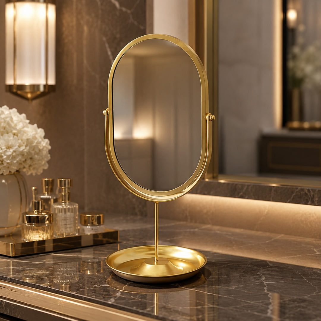 Modern Oval Makeup Mirror 360° Rotating Desktop Stand Wrought Iron Frame with HD Glass