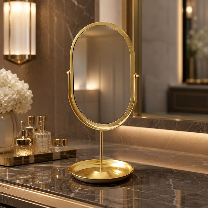 Modern Oval Makeup Mirror 360° Rotating Desktop Stand Wrought Iron Frame with HD Glass