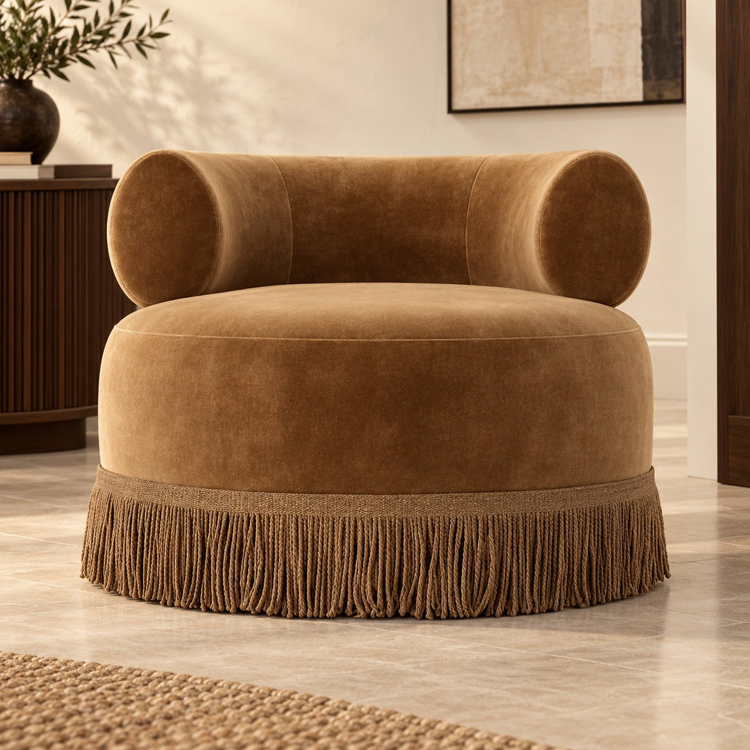 Modern Swivel Accent Chair Plush Fabric Oversized Seat With Playful Fringe Skirt