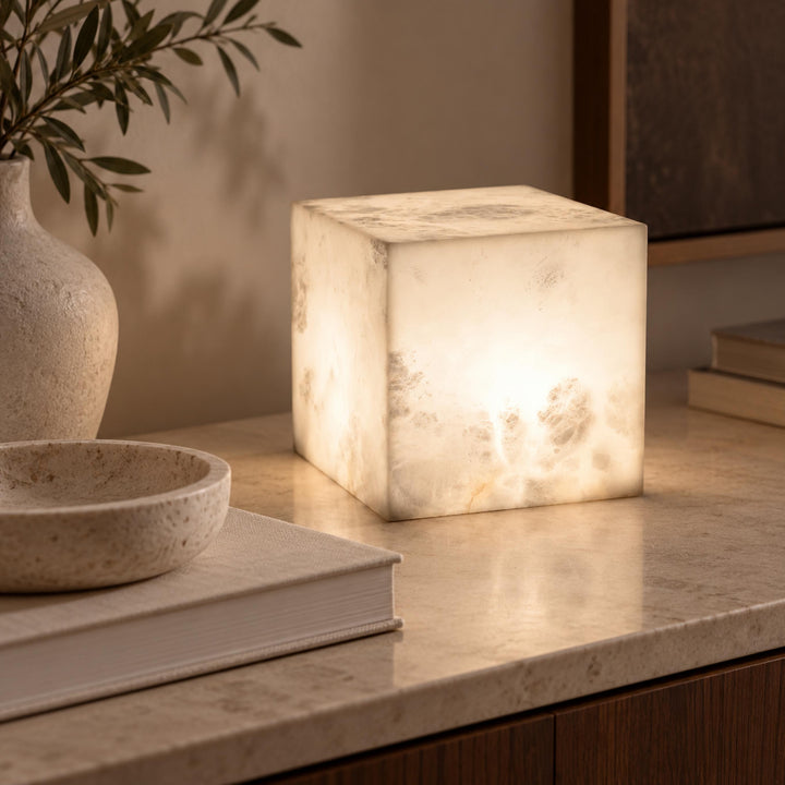 Modern Alabaster Table Lamp Cube Design LED Light for Bedroom or Desk Use