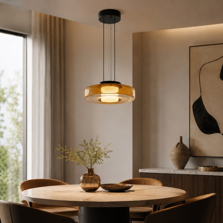 Modern Glass Pendant Light Hanging Fixture with Adjustable Height Dimmable LED and Iron Finish