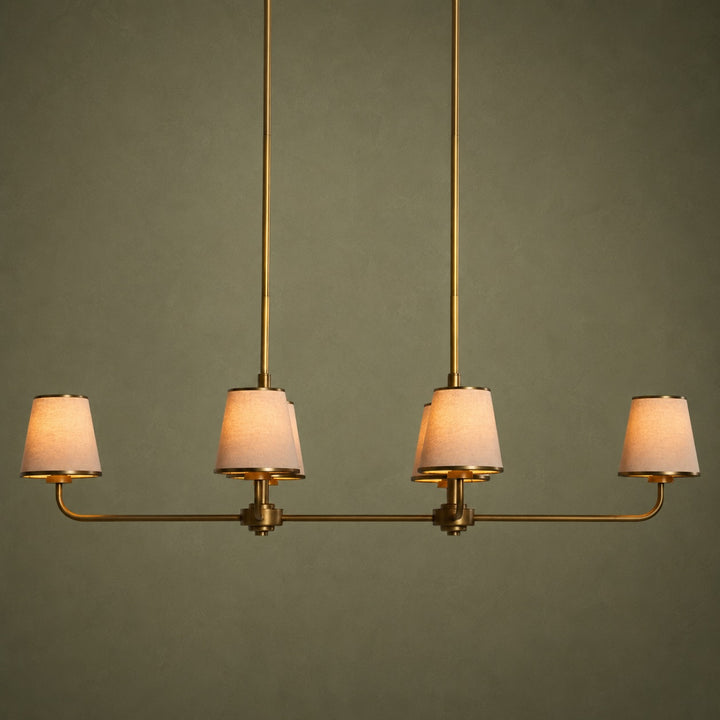 Luxury Brass Linear Chandelier with 6 Pleated Fabric Shades – Modern Adjustable Dining Room & Kitchen Island Pendant Light