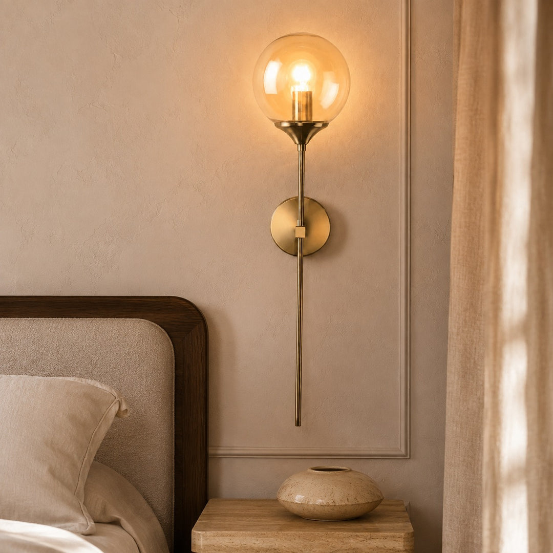 Modern Minimalist Wall Sconce Lighting Wall Mounted Glass Shade Metal Detailing LED Compatible