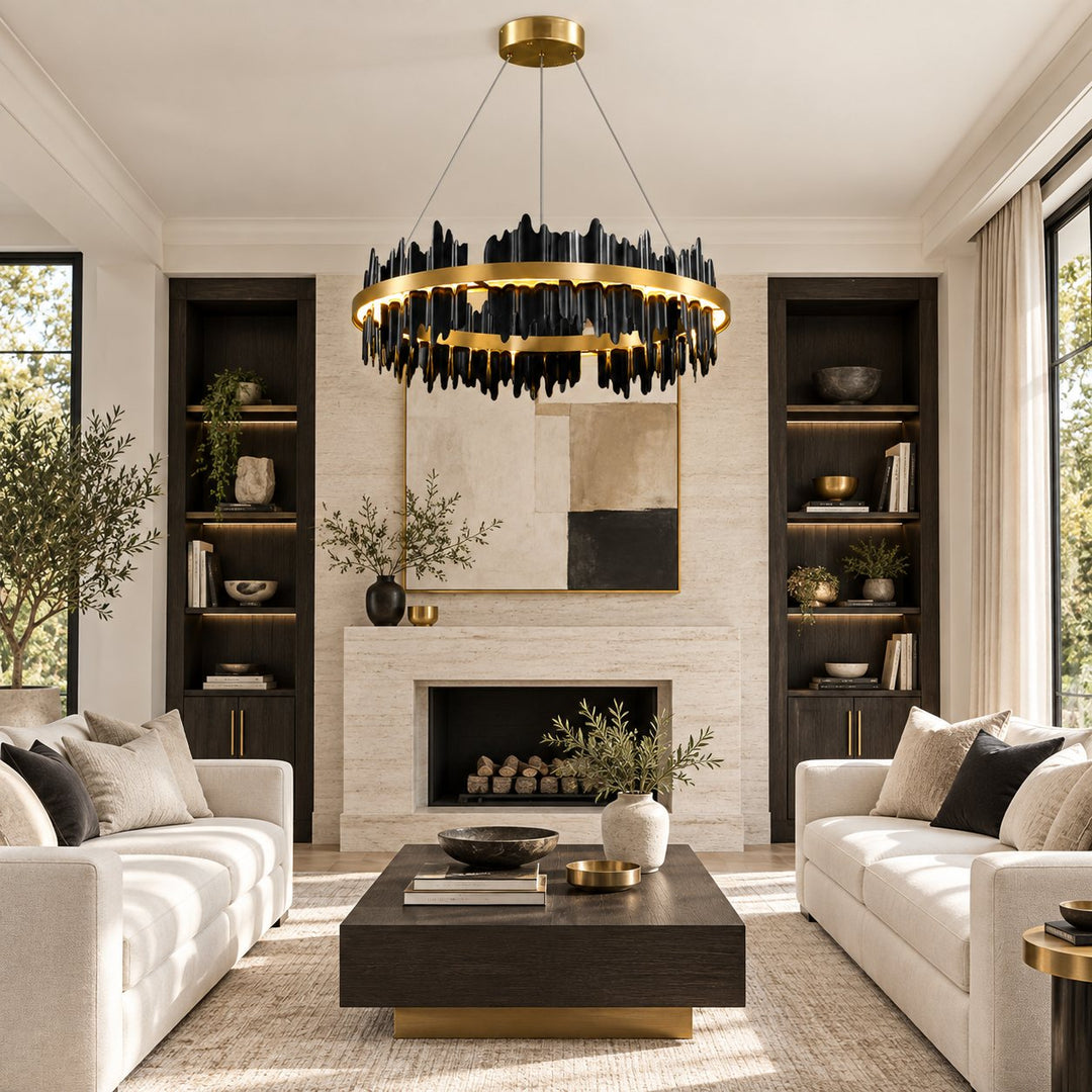 Modern Chandelier Adjustable Height Metal LED Dimmable Black Gold Finish Hanging Light Fixture