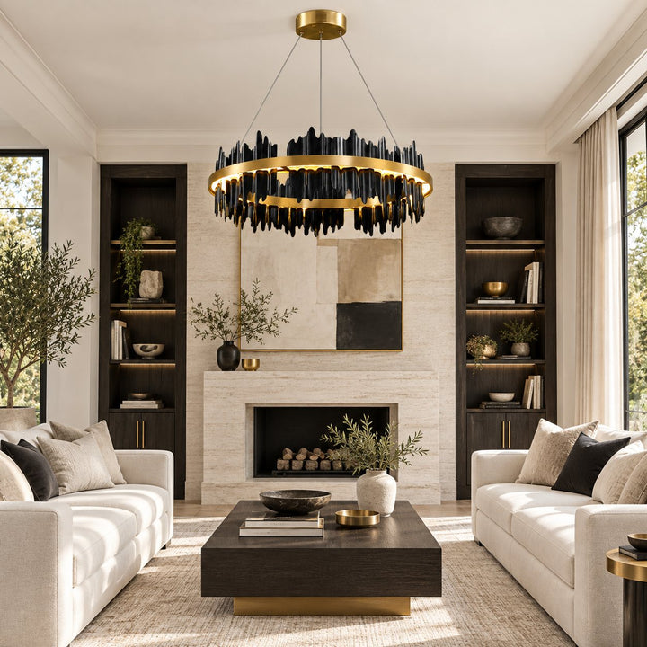 Modern Chandelier Adjustable Height Metal LED Dimmable Black Gold Finish Hanging Light Fixture