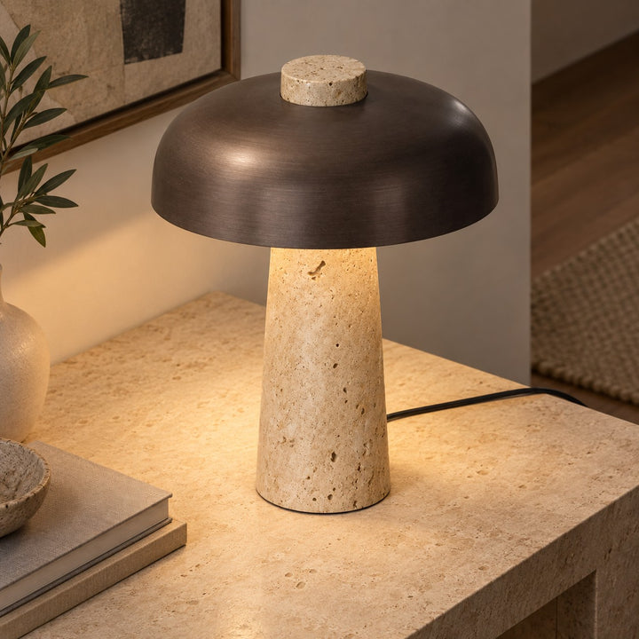 Contemporary Table Lamp Adjustable Height Natural Travertine Base Aluminum Shade Dimmable Design