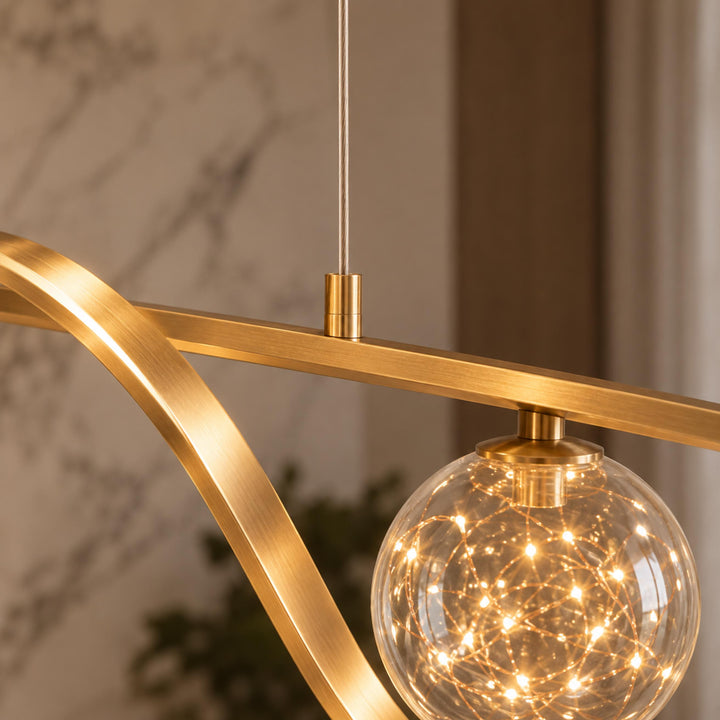 Modern Linear Pendant Light with Adjustable Height Metal Frame and LED Glass Globe Shades for Kitchen Island